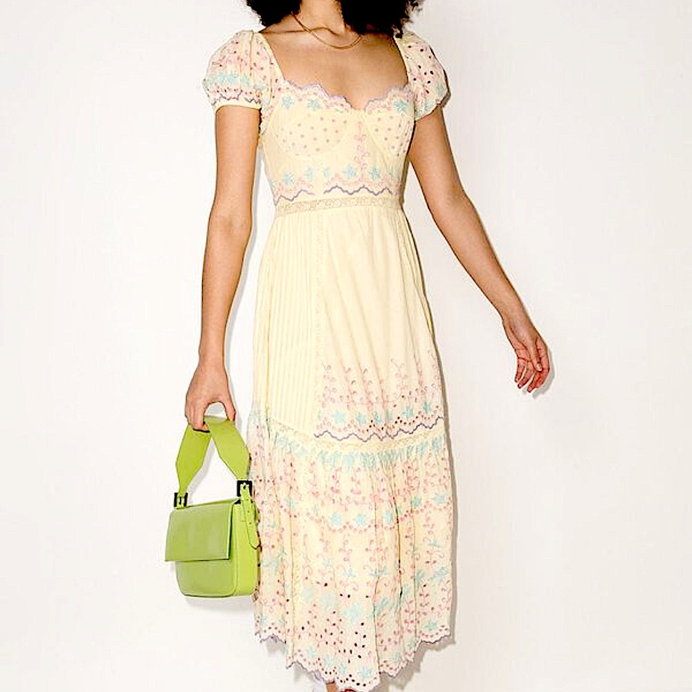 LoveShackFancy Yellow Magena Embroidered-Eyelet Cotton Midi Dress